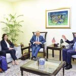 Federal Minister for Finance and Revenue Senator Muhammad Aurangzeb holding a meeting with S. Paul Kapur, Assistant Secretary, Bureau of South and Central Asian Affairs, United States at the Finance Division. Kapur was accompanied by U.S. Chargé d'Affaires Ms. Natalie A. Baker