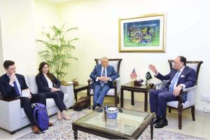 Federal Minister for Finance and Revenue Senator Muhammad Aurangzeb holding a meeting with S. Paul Kapur, Assistant Secretary, Bureau of South and Central Asian Affairs, United States at the Finance Division. Kapur was accompanied by U.S. Chargé d'Affaires Ms. Natalie A. Baker