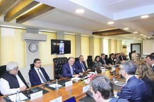 Federal Minister for Finance and Revenue Senator Muhammad Aurangzeb holding a meeting with the visiting IMF Mission led by Mission Chief Ms. Iva Petrova to discuss Pakistan's macroeconomic outlook, preparations for the upcoming federal budget and the Government's ongoing reform agenda aimed at strengthening economic stability and promoting sustainable growth. Governor State Bank of Pakistan Jameel Ahmad, Secretary Finance Division Imdad Ullah Bosal, Chairman FBR Rashid Mahmood Langrial and senior officials attended the meeting