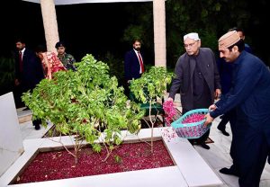 President Asif Ali Zardari offered Fateha and laid flowers on the grave of his father, Sardar Hakim Ali Zardari, at Baloo Ja Quba accompanied by his sister Fauzia Iqbal