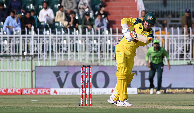 Australia Alex Carey plays a shot during the first One Day International (ODI) match between Pakistan and Australia at Rawalpindi Cricket Stadium