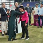 First Lady Bibi Aseefa Bhutto Zardari distributed medals to match officials at the closing ceremony of the final match and presented the Player of the Match award to captain Fatima Sana for her outstanding performance