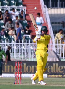 Australia Alex Carey plays a shot during the first One Day International (ODI) match between Pakistan and Australia at Rawalpindi Cricket Stadium