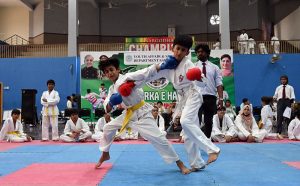 Players are in action during a karate competition held in connection with marking the completion of one year of the victory of Marka-e-Haq Bunyan-ul-Marsoos. organized by District Sports department at Sports Gymnasium