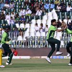 Players of Pakistan national cricket team celebrate the dismissal of Alex Carey during the first One Day International (ODI) between Pakistan national cricket team and Australia national cricket team at the Rawalpindi Cricket Stadium