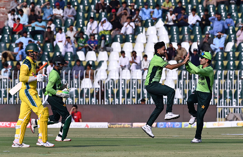 Players of Pakistan national cricket team celebrate the dismissal of Alex Carey during the first One Day International (ODI) between Pakistan national cricket team and Australia national cricket team at the Rawalpindi Cricket Stadium