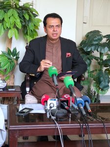 State Minister for Interior Senator Talal Chaudhary is addressing a press conference