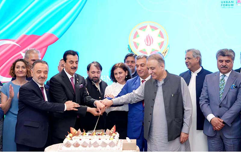 108th Independence Day celebration of Azerbaijan, Chairman Senate Syed Yousuf Raza Gillani, chief guest Federal Minister Abdul Aleem Khan along with Ambassador H.E. Khizar Farhadov attended & cut cake. Federal & Provincial Ministers and Political & Diplomatic dignitaries are present on the occasion