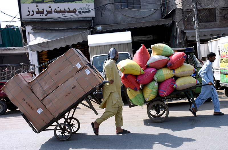 A worker pulls a trolley on the occasion of International Workers' Day
