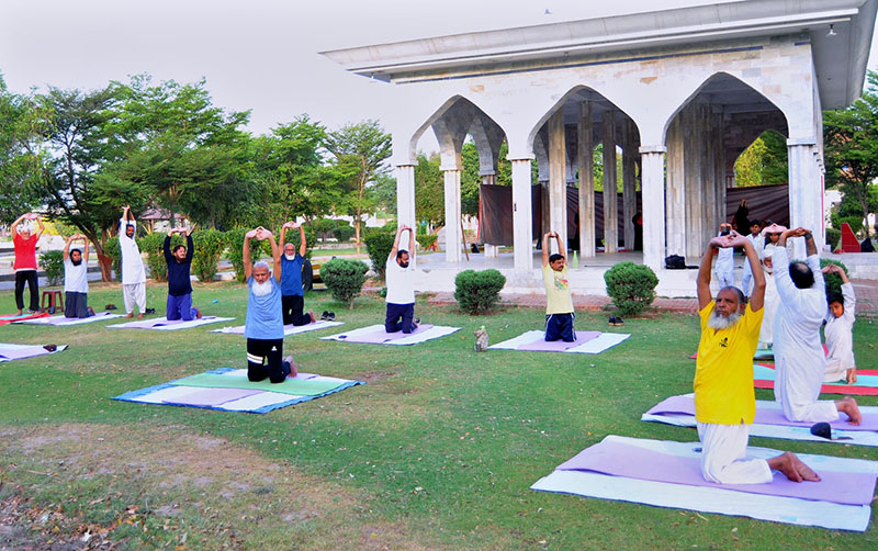 Citizens perform yoga exercises during an early morning fitness session at a public park in the city