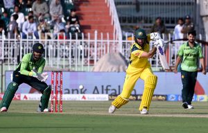 Players of Pakistan national cricket team celebrate the dismissal of Alex Carey during the first One Day International (ODI) between Pakistan national cricket team and Australia national cricket team at the Rawalpindi Cricket Stadium