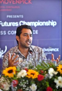 Aisam-ul-Haq Qureshi, President of the Pakistan Tennis Federation, addresses a press conference during the ongoing ITF Futures Tournament, highlighting the performance of Pakistani players at the event organized by the Tennis federation.