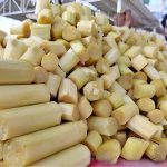 A vendor displaying sugarcane piece to attract the customers at New Bus Stand Road