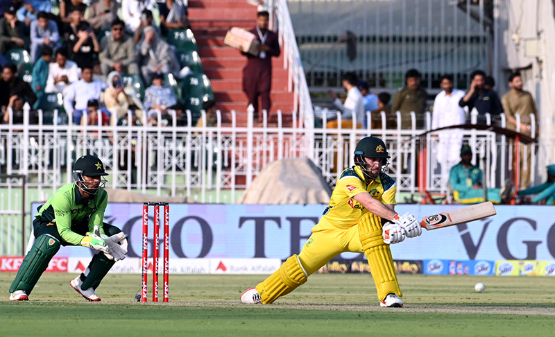 Josh Inglis of Australia national cricket team plays a shot during the first One Day International (ODI) between the Pakistan national cricket team and the Australia national cricket team at the Rawalpindi Cricket Stadium