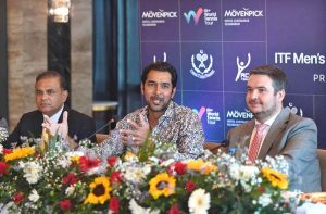 Aisam-ul-Haq Qureshi, President of the Pakistan Tennis Federation, addresses a press conference during the ongoing ITF Futures Tournament, highlighting the performance of Pakistani players at the event organized by the Tennis federation.