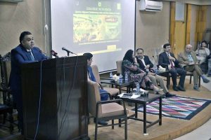 Fahd Haroon, Minister of State/Special Assistant to the Prime Minister on Digital Media addressing at Dialogue with Youth “Spirits Aligned: Celebrating valor and the vitality of youth” on completion of one year of Marka-e-Haq ‘Bunyan-um-Marsoos’ at Quaid-e-Azam University.
