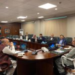 Federal Minister for Maritime Affairs Muhammad Junaid Anwar Chaudhry speaks with a delegation of leading terminal operators during a meeting