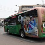 A bus is decorated with victory flexes to express solidarity with the Pakistan Army on the occasion of the Marka-e-Haq victory anniversary