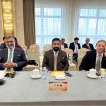 Amir Waliuddin Chishti, Chairman Senate Standing Committee on National Health Services, Asad Qasim and Saleem Mandviwalla attend a ceremony marking the 75th anniversary of Pakistan-China diplomatic relations