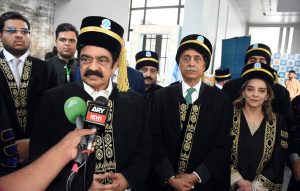 Adviser to the Prime Minister on Political and Public Affairs, Senator Rana Sanaullah Khan talking to media during convocation ceremony of Abwa Medical College.