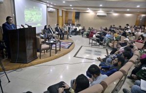Fahd Haroon, Minister of State/Special Assistant to the Prime Minister on Digital Media addressing at Dialogue with Youth “Spirits Aligned: Celebrating valor and the vitality of youth” on completion of one year of Marka-e-Haq ‘Bunyan-um-Marsoos’ at Quaid-e-Azam University.