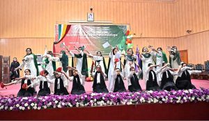 Students GCWUF presenting a tableau during commemorating 75 years of Pakistan-China Diplomatic Relations organize by Government College Women University Faisalabad (GCWUF) at Jinnah Auditorium