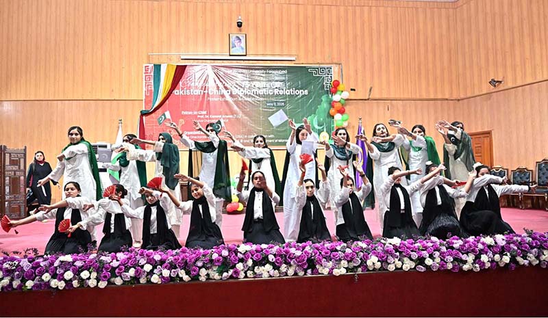 Students GCWUF presenting a tableau during commemorating 75 years of Pakistan-China Diplomatic Relations organize by Government College Women University Faisalabad (GCWUF) at Jinnah Auditorium