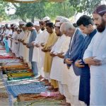 Federal Minister for Board of Investment Qaiser Ahmed Sheikh offering Eidul Azha prayers at Central Eid Gah