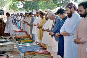 Federal Minister for Board of Investment Qaiser Ahmed Sheikh offering Eidul Azha prayers at Central Eid Gah