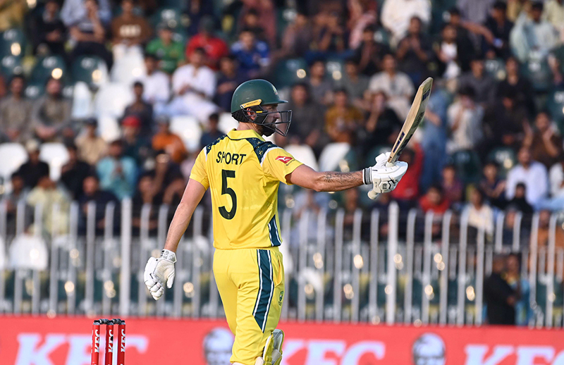 Australia’s Matt Short celebrates his half century score during the first One Day International (ODI) between Pakistan national cricket team and Australia national cricket team at the Rawalpindi Cricket Stadium