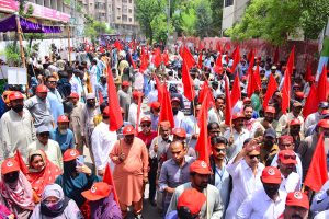 Mazdoor Mahaz Punjab president Dr Ali Ameen leading a rally on International Labour Day in front of District Press Club Sargodha Road