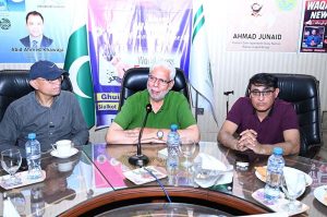 Chief Warden Civil Defence Tahir Majeed Kapur addresses the World Press Freedom Day ceremony.