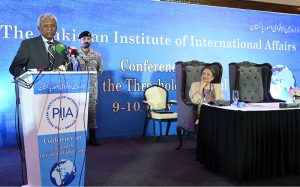 Sindh Governor Syed Nihal Hashmi addresses the conference on “Living Threshold of Global Crises,” organized by the Pakistan Institute of International Affairs