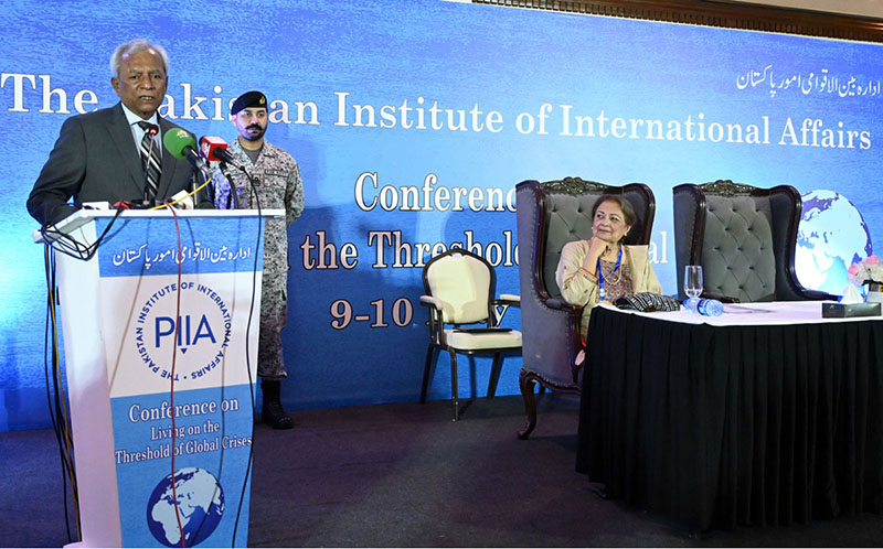 Sindh Governor Syed Nihal Hashmi addresses the conference on “Living Threshold of Global Crises,” organized by the Pakistan Institute of International Affairs