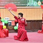 Students GCWUF presenting a tableau during commemorating 75 years of Pakistan-China Diplomatic Relations organize by Government College Women University Faisalabad (GCWUF) at Jinnah Auditorium