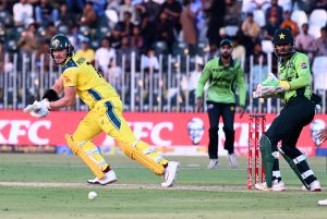 Australia’s Matt Short celebrates his half century score during the first One Day International (ODI) between Pakistan national cricket team and Australia national cricket team at the Rawalpindi Cricket Stadium
