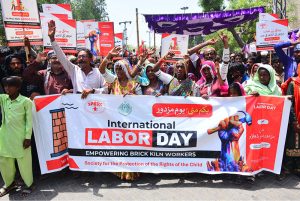 Brick Kiln workers participate in rally to mark International Labour Day at Radio Pakistan Road
