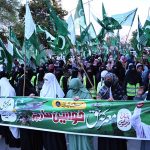 Women activists of the Central Muslim League hold a Women March rally to commemorate one year of Marka-e-Haq at the Karachi Press Club