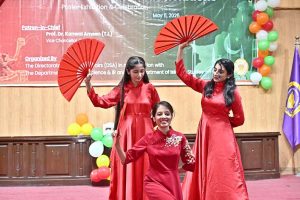Students GCWUF presenting a tableau during commemorating 75 years of Pakistan-China Diplomatic Relations organize by Government College Women University Faisalabad (GCWUF) at Jinnah Auditorium