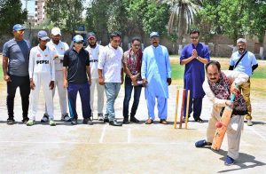 Director Physical Education of Government Degree Boys College, Arshad Arain, plays a shot during the opening match of the PCB Challenge Cup U-19 at the college cricket ground.