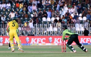 Australia’s Matt Short celebrates his half century score during the first One Day International (ODI) between Pakistan national cricket team and Australia national cricket team at the Rawalpindi Cricket Stadium