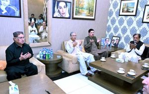 Governor Khyber Pakhtunkhwa Faisal Karim Kundi, along with PPP leaders Qamar Zaman Kaira, Nayyar Hussain Bukhari and Nadeem Afzal Chan, condoles with PPP MNA Mir Aijaz Hussain Jakhrani over the death of his son Mir Zaid Hussain Jakhrani at Jakhrani House