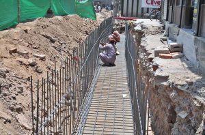 Laborers busy in fixing iron bar work at an under-construction drainage project aimed improving the city’s sewerage infrastructure.