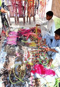 Vendors display sacrificial animals to attract customers at a cattle market set up in the city ahead of the upcoming Eid al-Adha