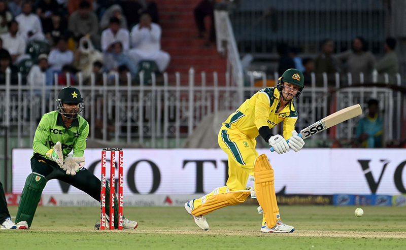 Australia’s Matthew Kuhnemann plays a shot during the first One Day International cricket match between Pakistan and Australia at the Rawalpindi Cricket Stadium