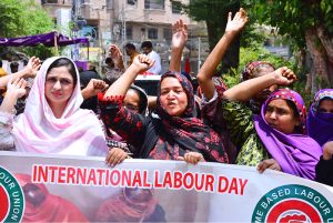 Brick Kiln workers participate in rally to mark International Labour Day at Radio Pakistan Road