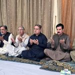 Governor Khyber Pakhtunkhwa Faisal Karim Kundi, along with PPP leaders Qamar Zaman Kaira, Nayyar Hussain Bukhari and Nadeem Afzal Chan, offers fateha and condoles with PPP MNA Mir Aijaz Hussain Jakhrani over the death of his son Mir Zaid Hussain Jakhrani at Jakhrani House