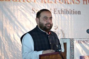 Federal Minister for National Heritage and Culture Division, Aurangzeb Khan Khichi, speaking at the ceremony of a special exhibition titled “Legacy Returns Home” at the Islamabad Museum, showcasing selected cultural heritage artifacts repatriated to Pakistan from the United States of America
