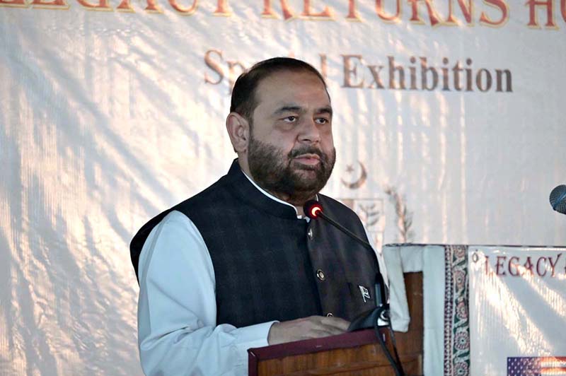 Federal Minister for National Heritage and Culture Division, Aurangzeb Khan Khichi, speaking at the ceremony of a special exhibition titled “Legacy Returns Home” at the Islamabad Museum, showcasing selected cultural heritage artifacts repatriated to Pakistan from the United States of America