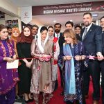 First Lady Bibi Aseefa Bhutto Zardari cutting ribbon to inaugurate the newly named Begum Nusrat Bhutto Library during her visit to the Pakistan Red Crescent Society Headquarters